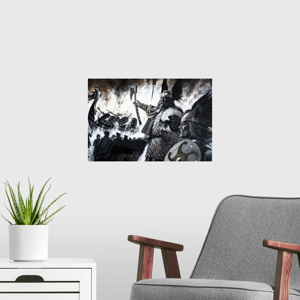 A modern room featuring Unidentified Viking scene with longship aflame