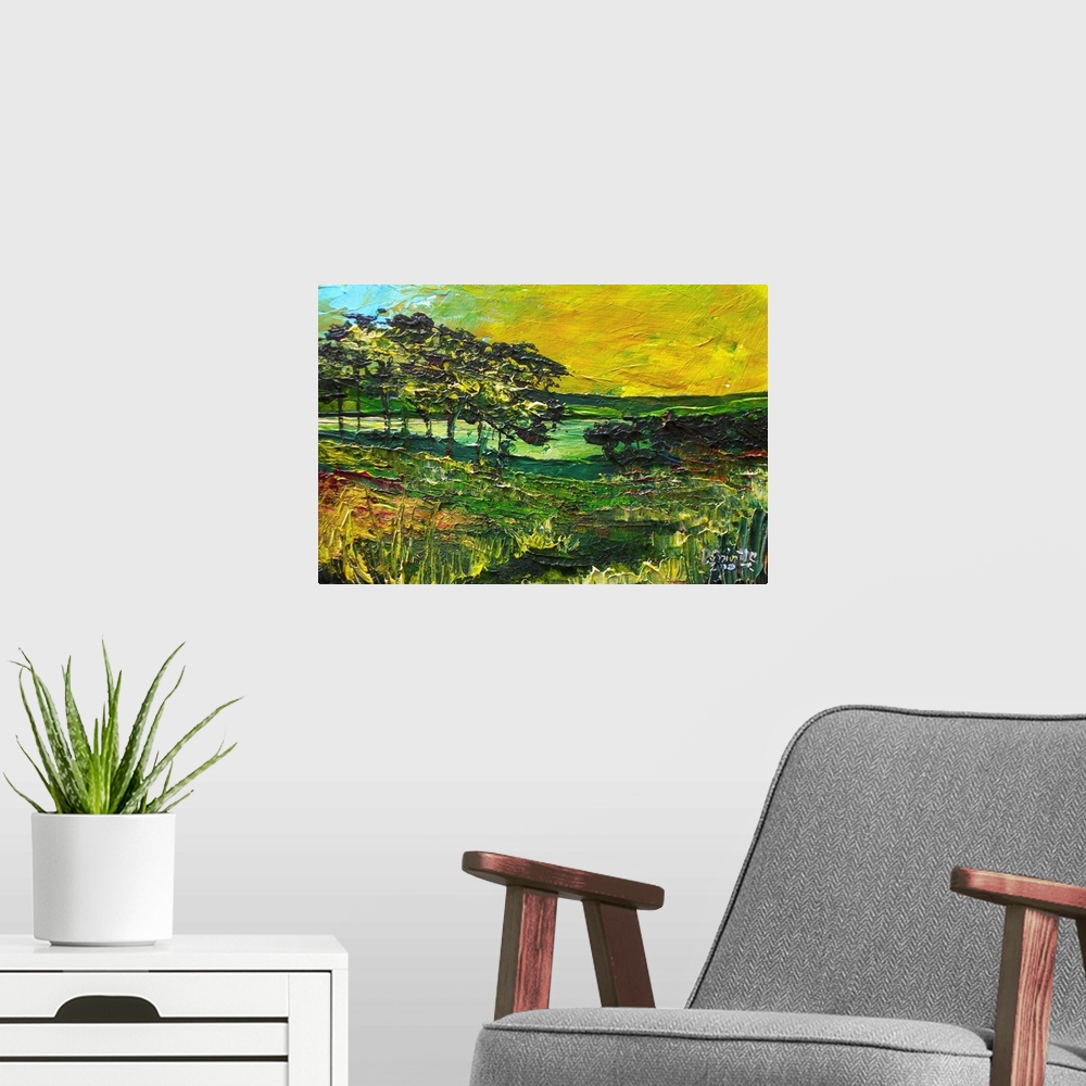 A modern room featuring Contemporary painting of a scenic countryside landscape.