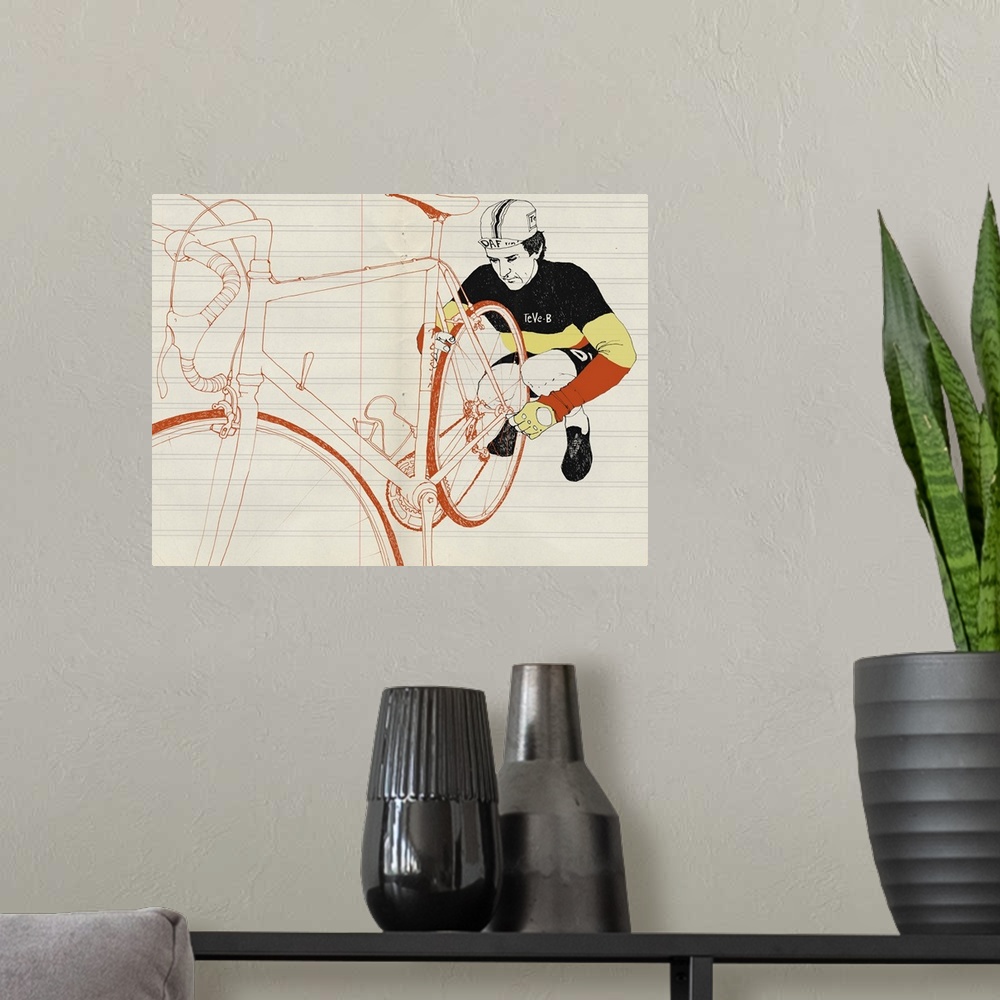 A modern room featuring Contemporary illustration of a cyclist knelt down beside his bike inspecting the mechanisms.
