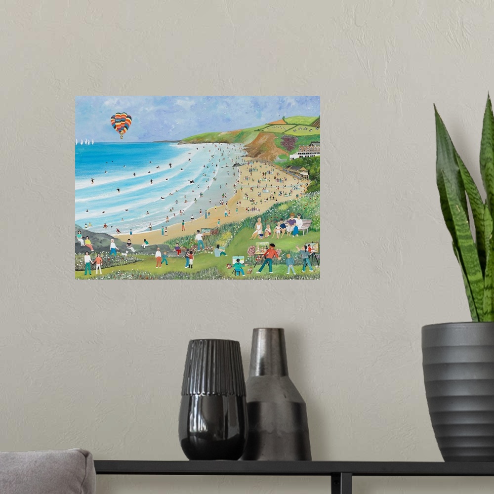 A modern room featuring Contemporary artwork of a coastal beach scene.