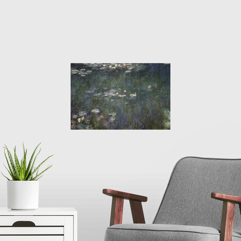 A modern room featuring Pastel colored oil painting of flowers and lily pad on lake.