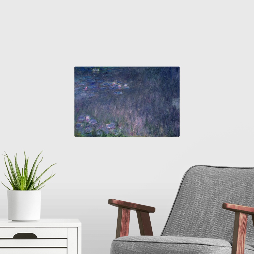 A modern room featuring Muted painting of flowers and lily pads in water.
