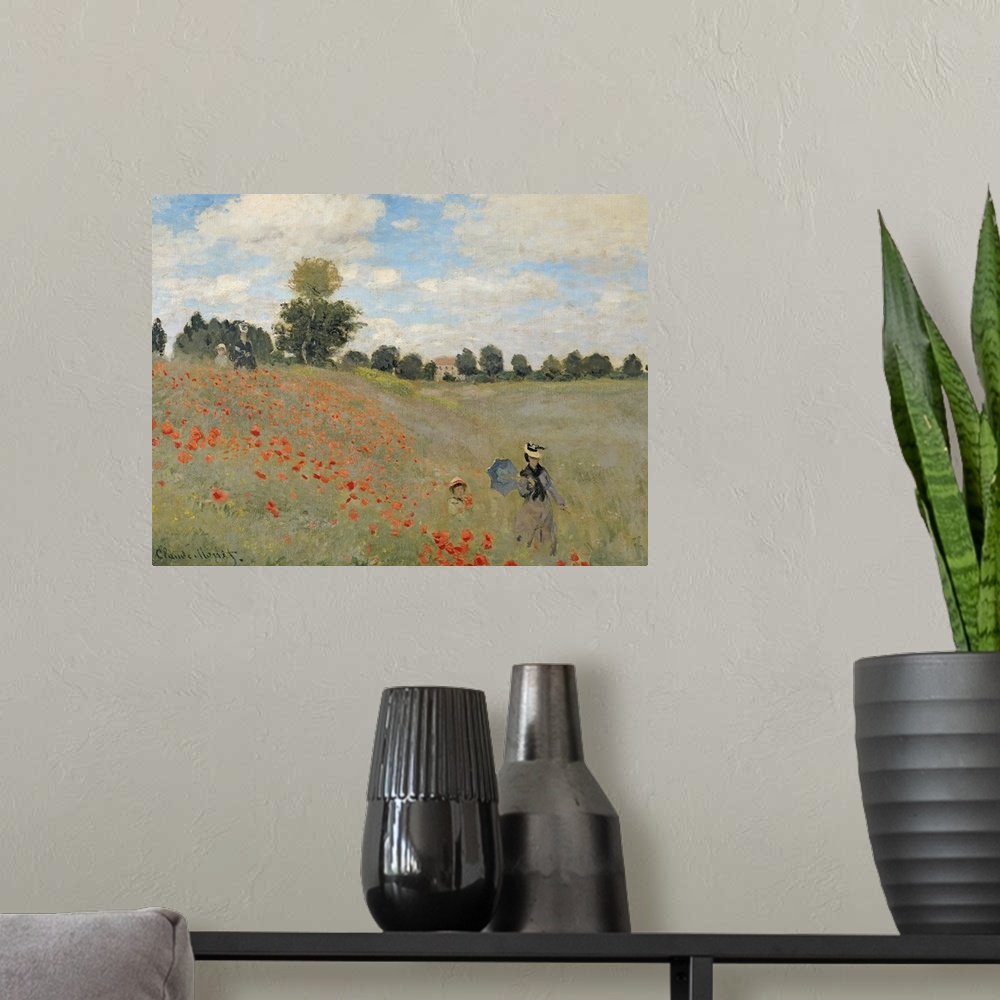 A modern room featuring Painting of a mother a child walking through a flower meadow under a cloudy sky.