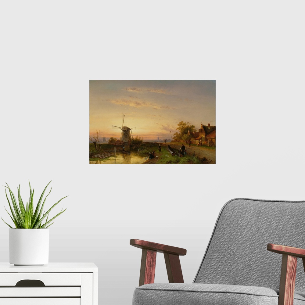 A modern room featuring Windmill at Sunset (originally oil on panel).