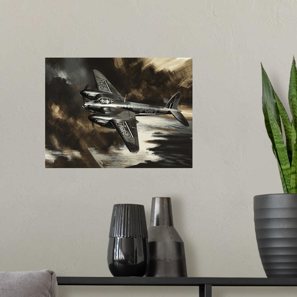 A modern room featuring Wings Over the World: Missions to Danger. B.O.A.C.'s first Mosquito. Original artwork for "Look a...