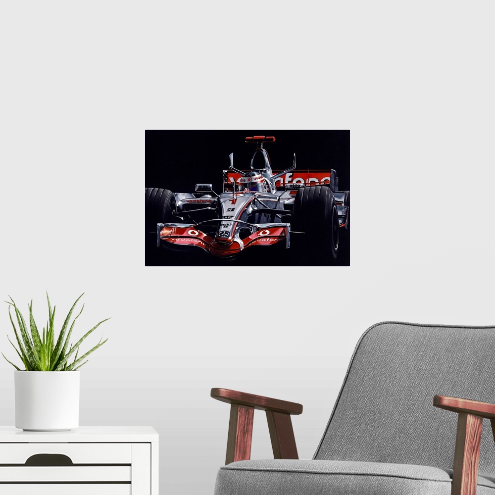A modern room featuring Illustration of a Formula One car on a black background.