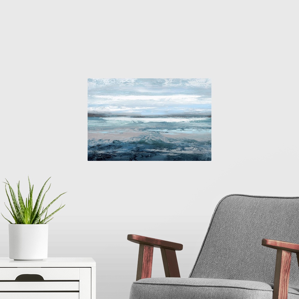 A modern room featuring Abstract artwork featuring distressed brush strokes and crackling blue colors.