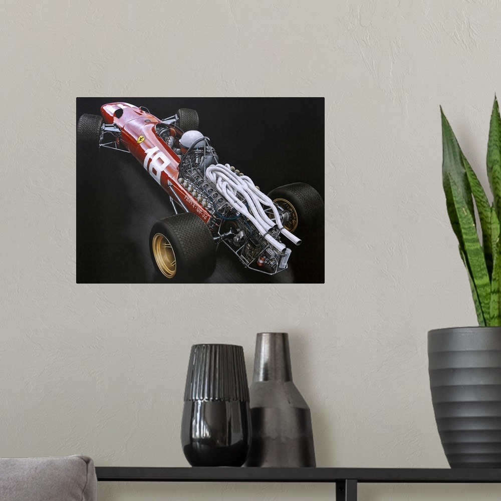 A modern room featuring Illustration of a Formula One car on a black background, highlighting the back engine.