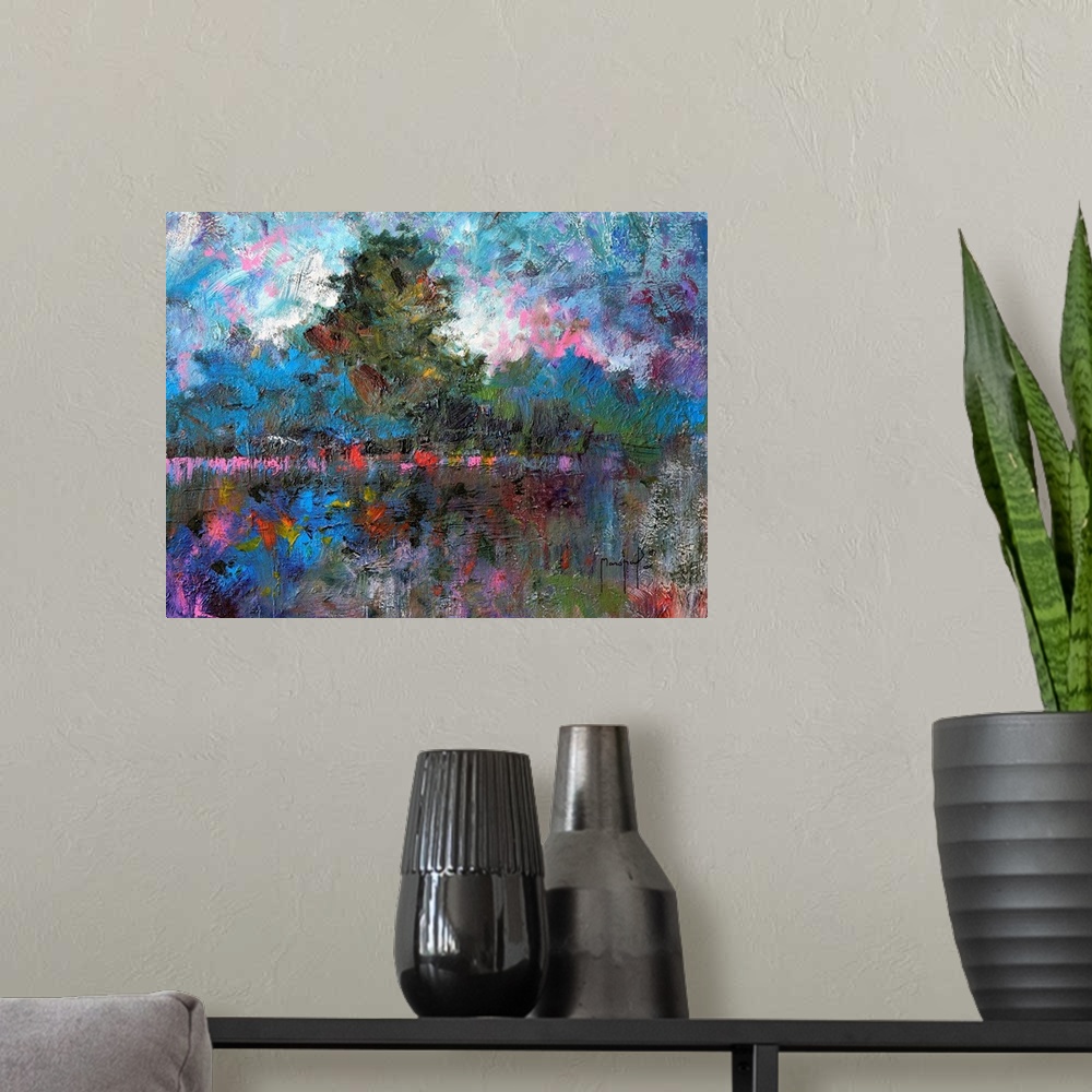 A modern room featuring Abstract painting of a tree lined landscape covered in bright pops of pink, red, purple, blue, an...