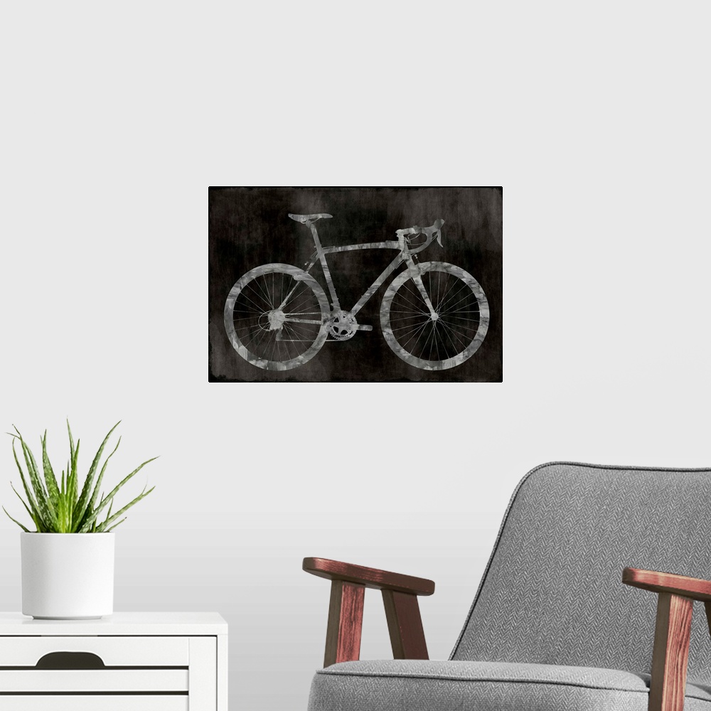 A modern room featuring Silver silhouette of a road bicycle on a black faded background.