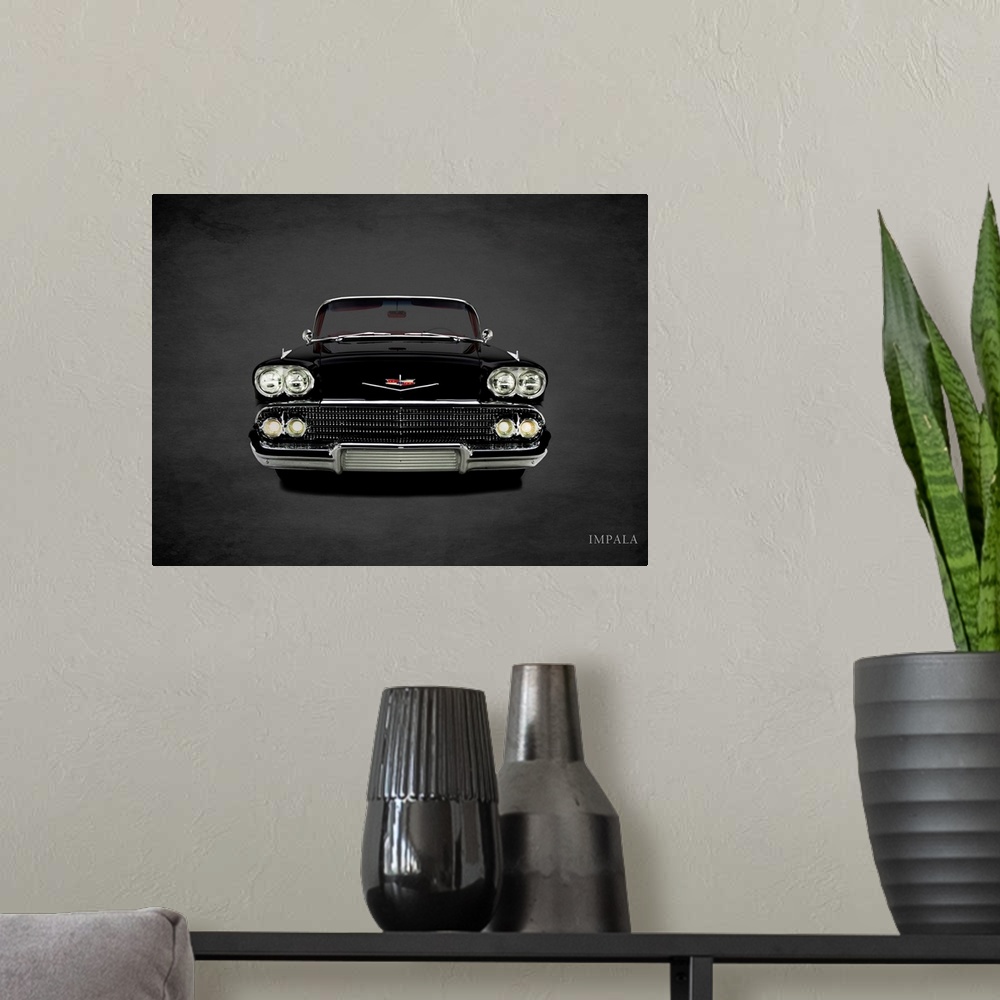 A modern room featuring Photograph of a black 1958 Chevrolet Impala printed on a black background with a dark vignette.
