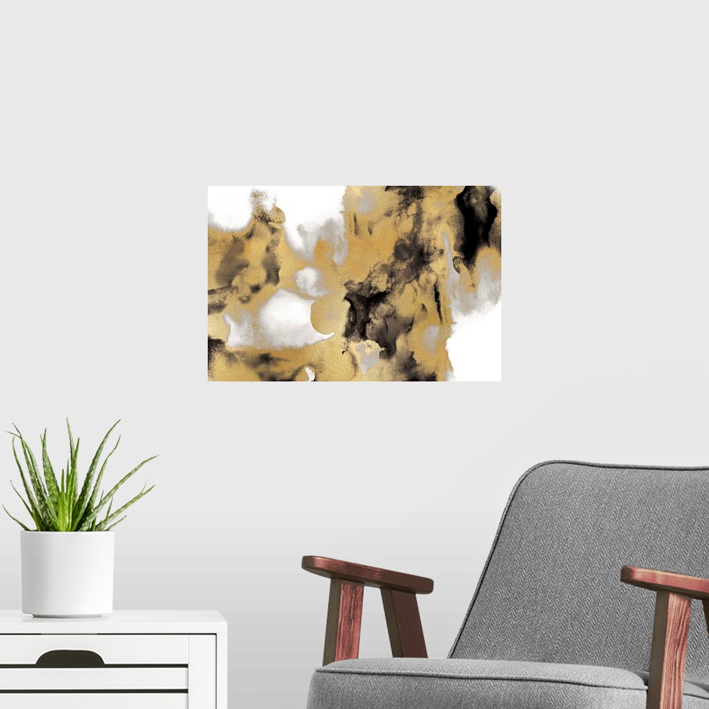 A modern room featuring Abstract painting with black, gray, and metallic gold on a white background.