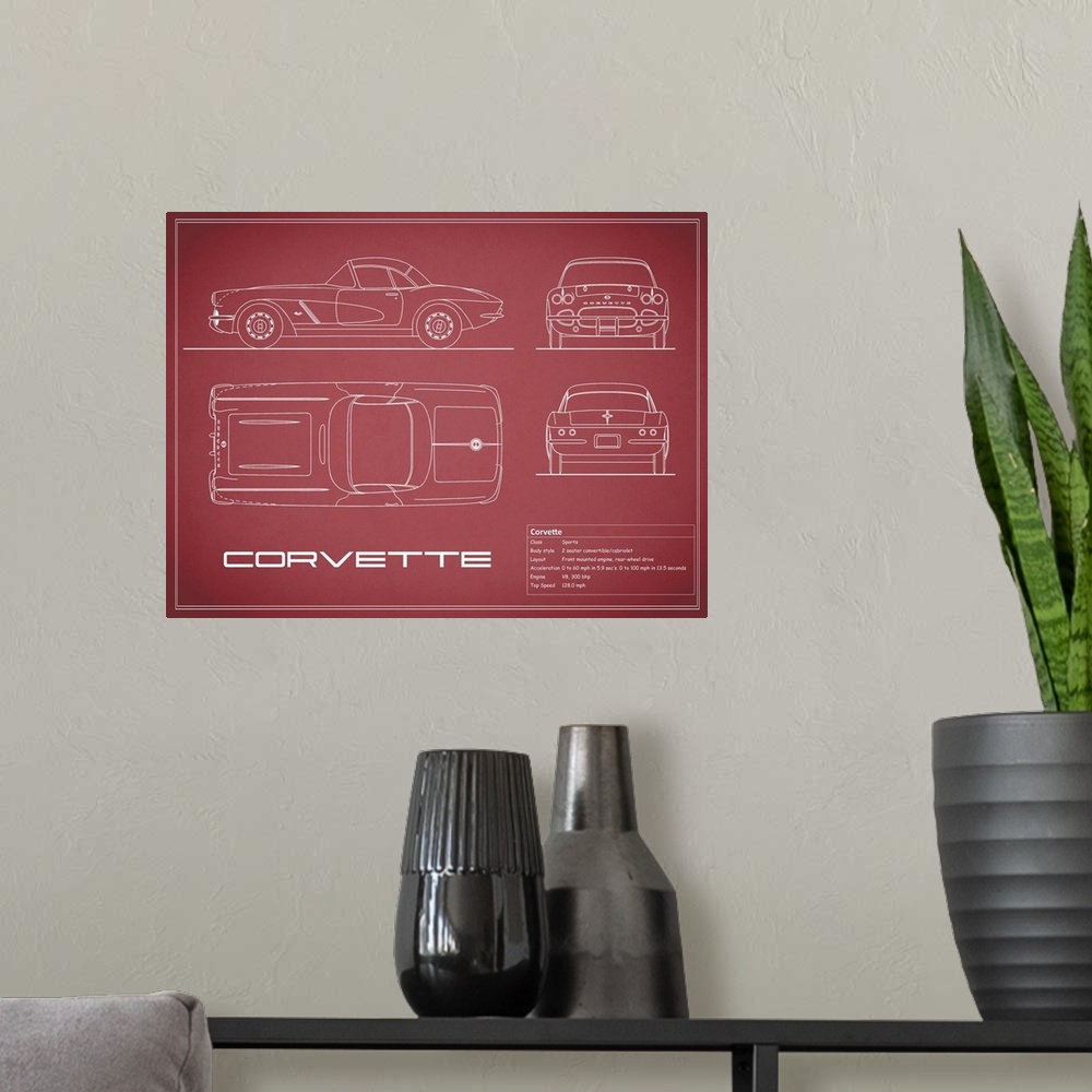 A modern room featuring Antique style blueprint diagram of a Corvette 33BHP printed on a Maroon background.