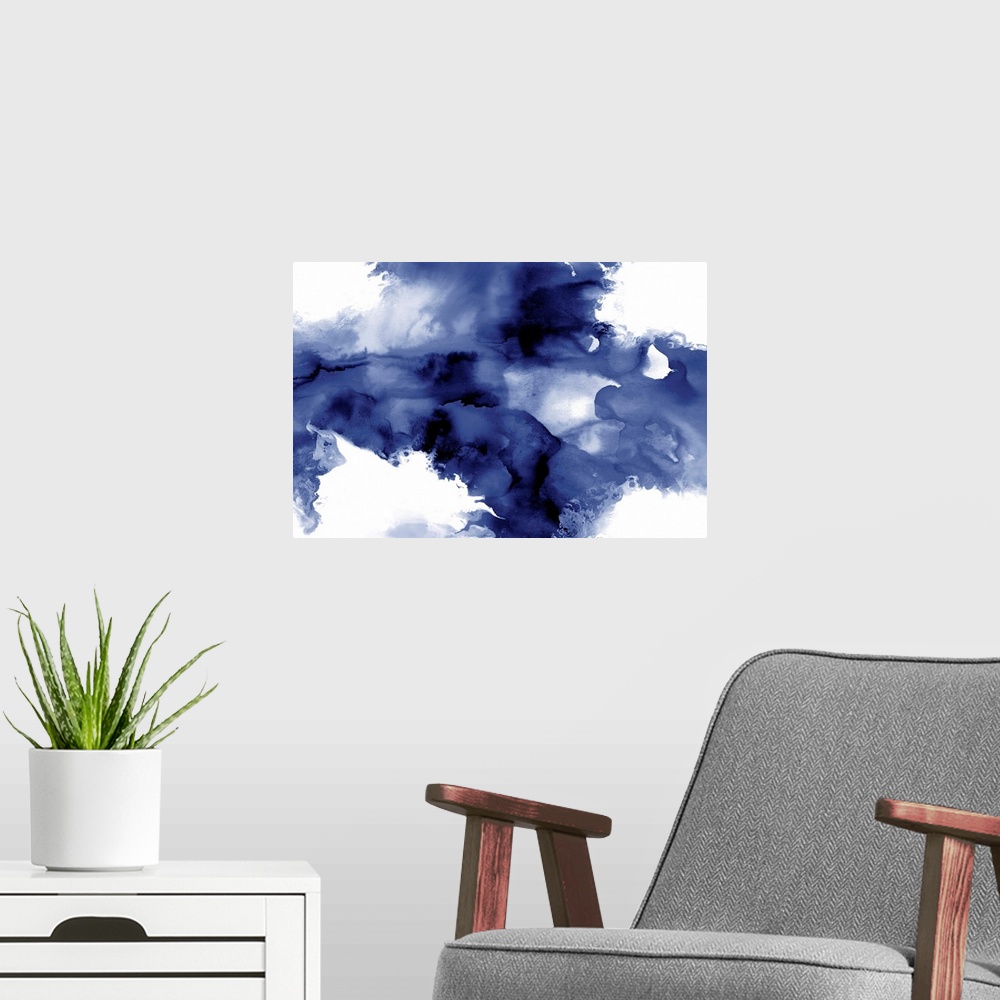 A modern room featuring Abstract watercolor painting with indigo splotches on a white background.