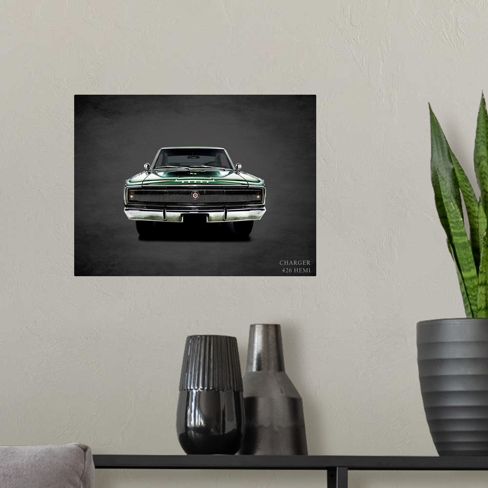 A modern room featuring Photograph of a green 1967 Dodge Charger 426Hemi printed on a black background with a dark vignette.