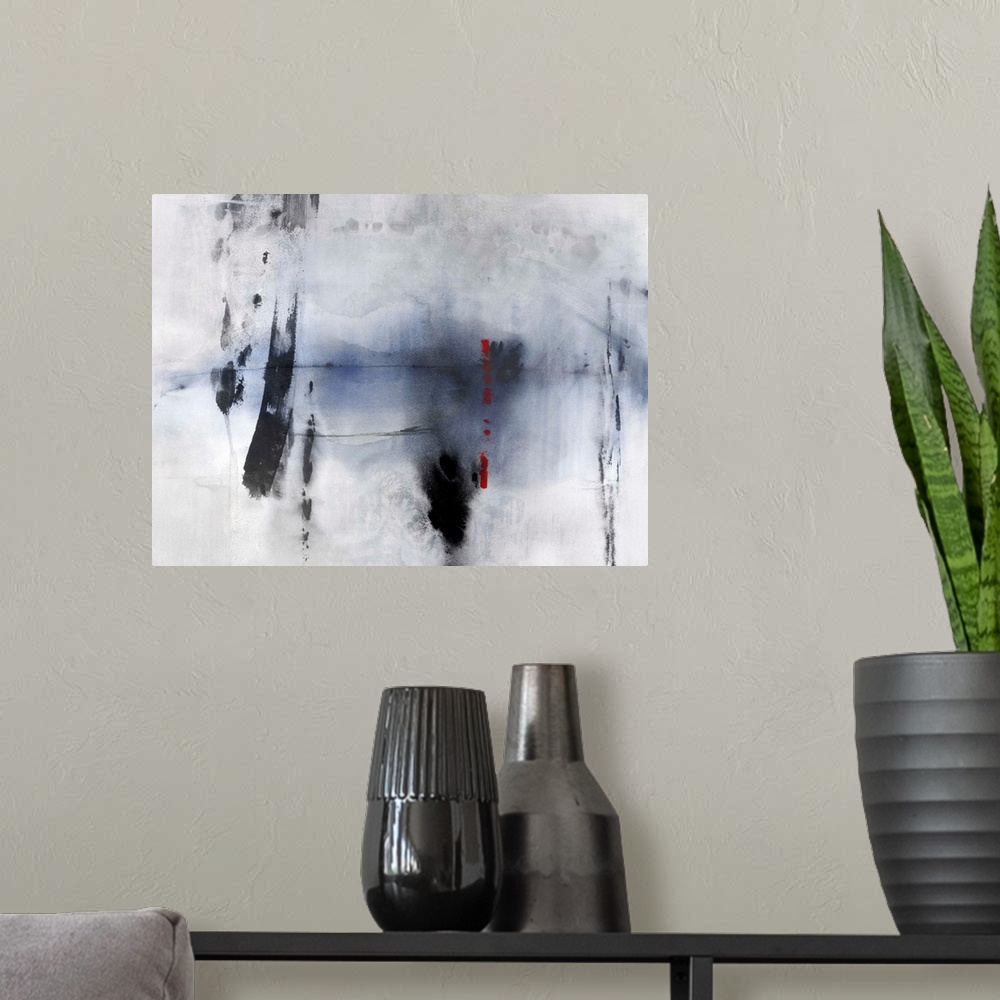 A modern room featuring Large abstract painting with a faded background, indigo center, bold black brushstrokes on top, a...