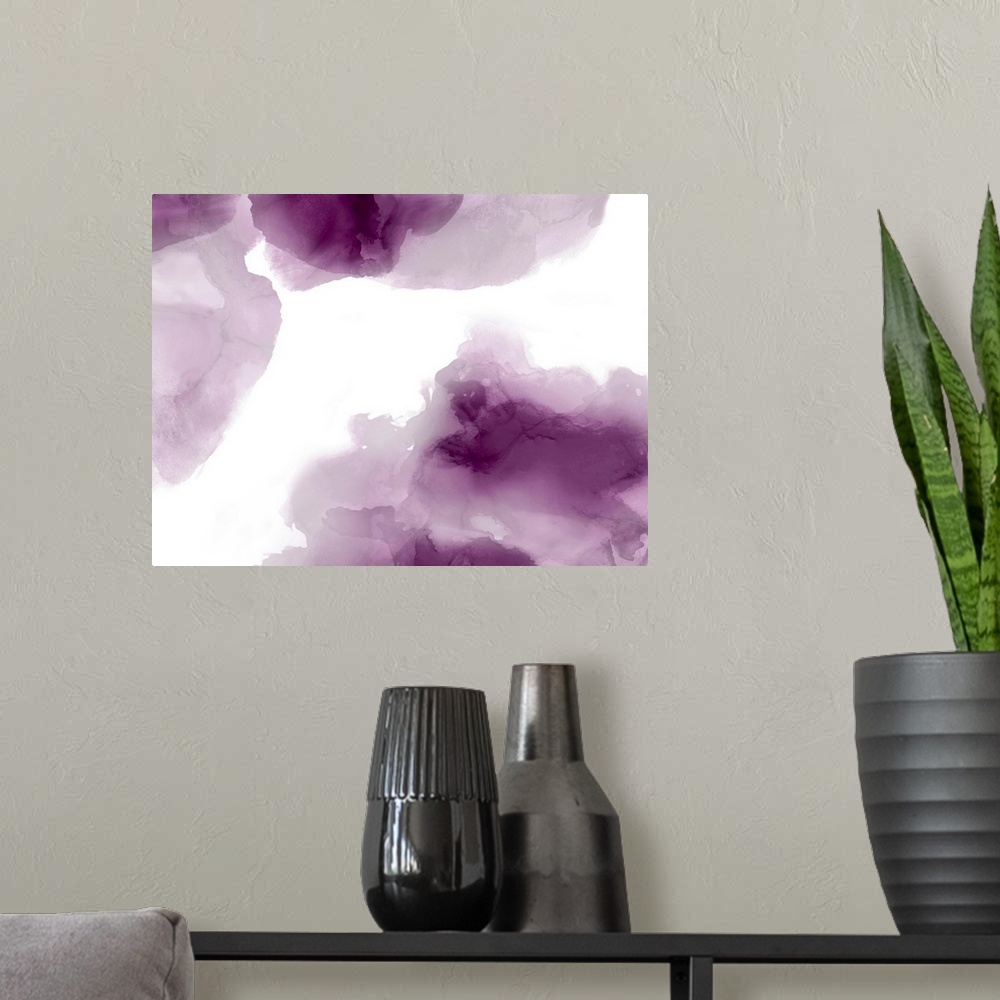 A modern room featuring Abstract painting with amethyst purple hues splattered together on a white background.