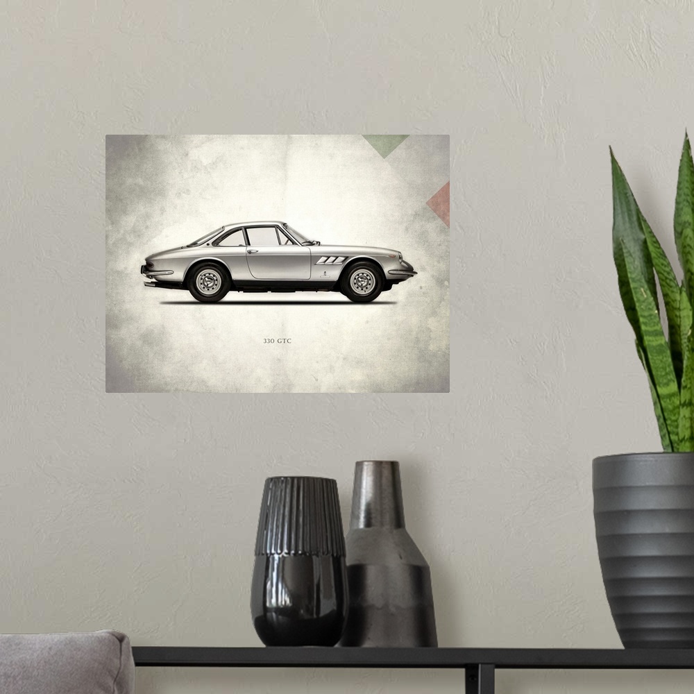 A modern room featuring Photograph of a silver Ferrari 330GTC 1968 printed on a distressed white and gray background with...
