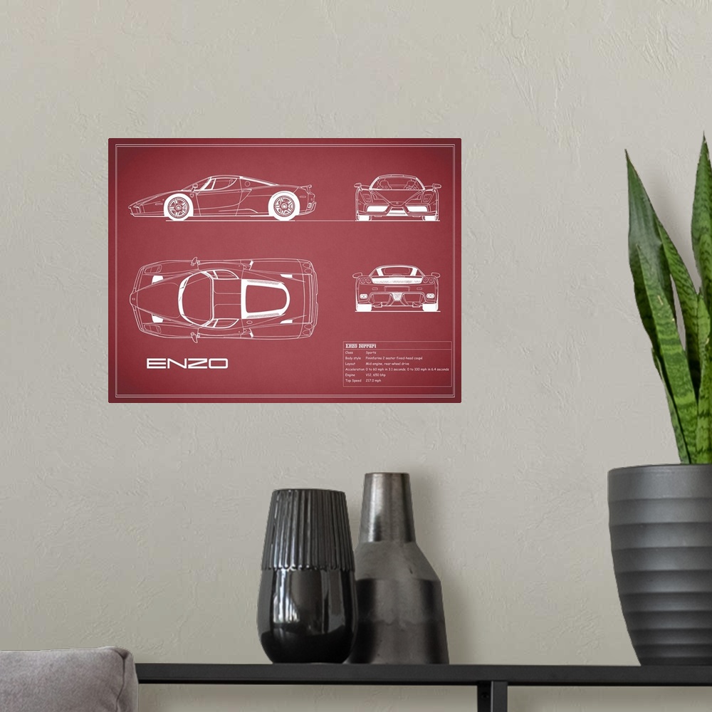 A modern room featuring Antique style blueprint diagram of a Ferrari Enzo printed on a Maroon background.