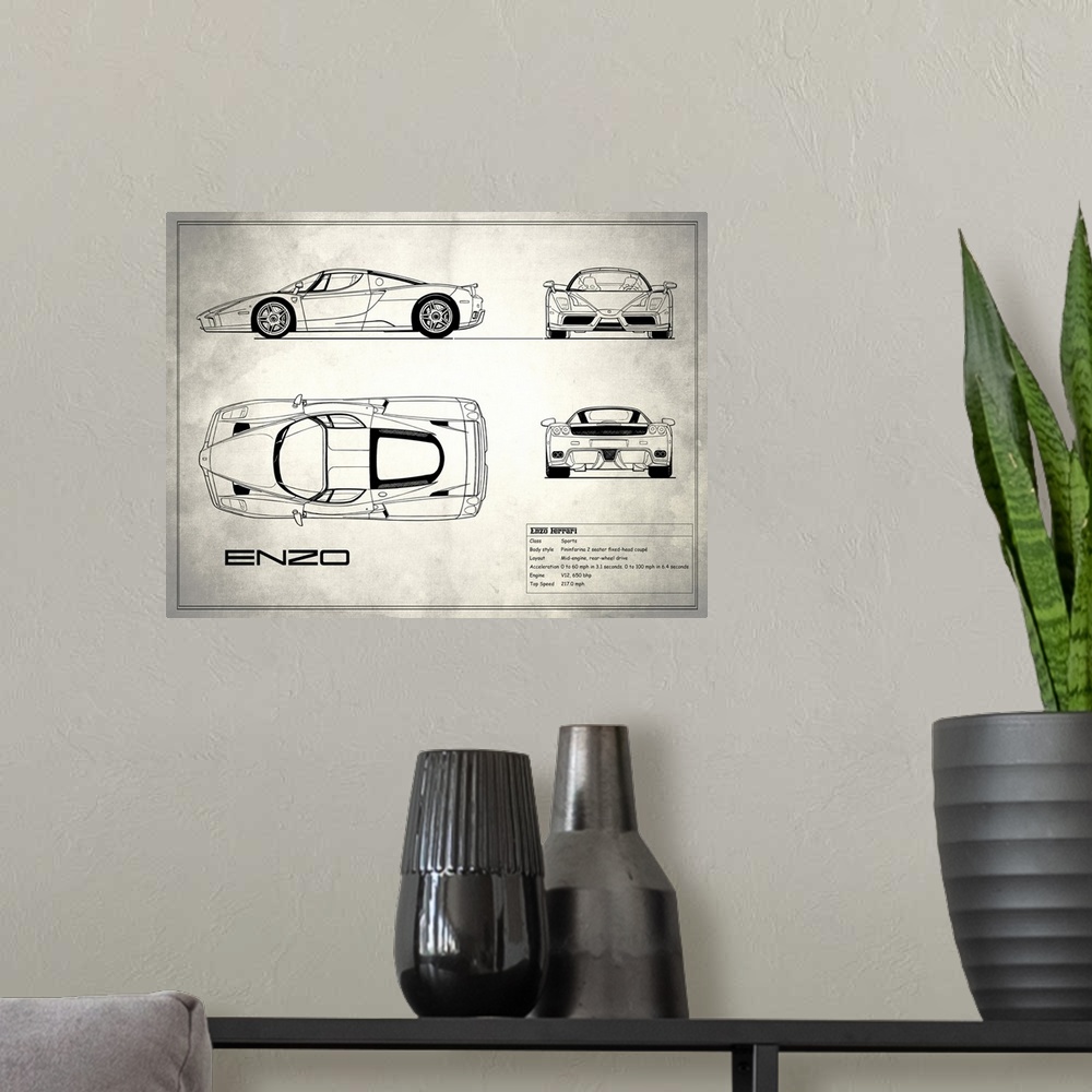 A modern room featuring Antique style blueprint diagram of a Ferrari Enzo printed on a weathered white and gray background.
