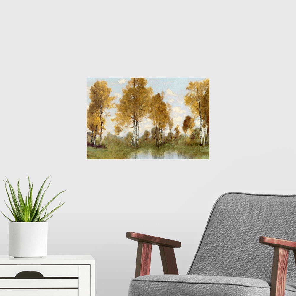 A modern room featuring A beautiful traditional style landscape painting of tall birch trees in autumn with golden foliage