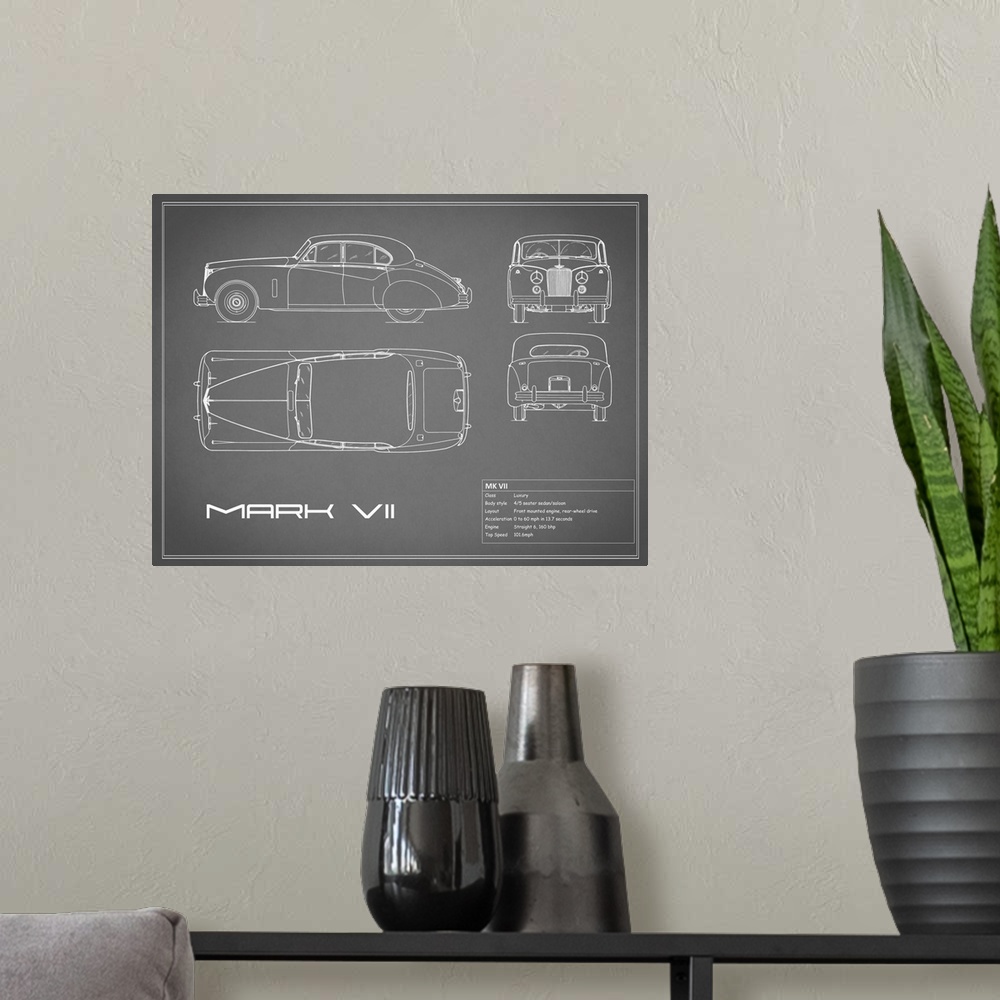 A modern room featuring Antique style blueprint diagram of a Jaguar MkVII printed on a Grey background