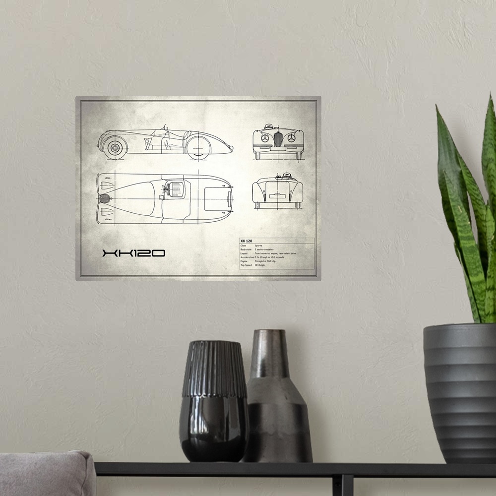 A modern room featuring Antique style blueprint diagram of a Jaguar XK 120 printed on a weathered white and gray background.