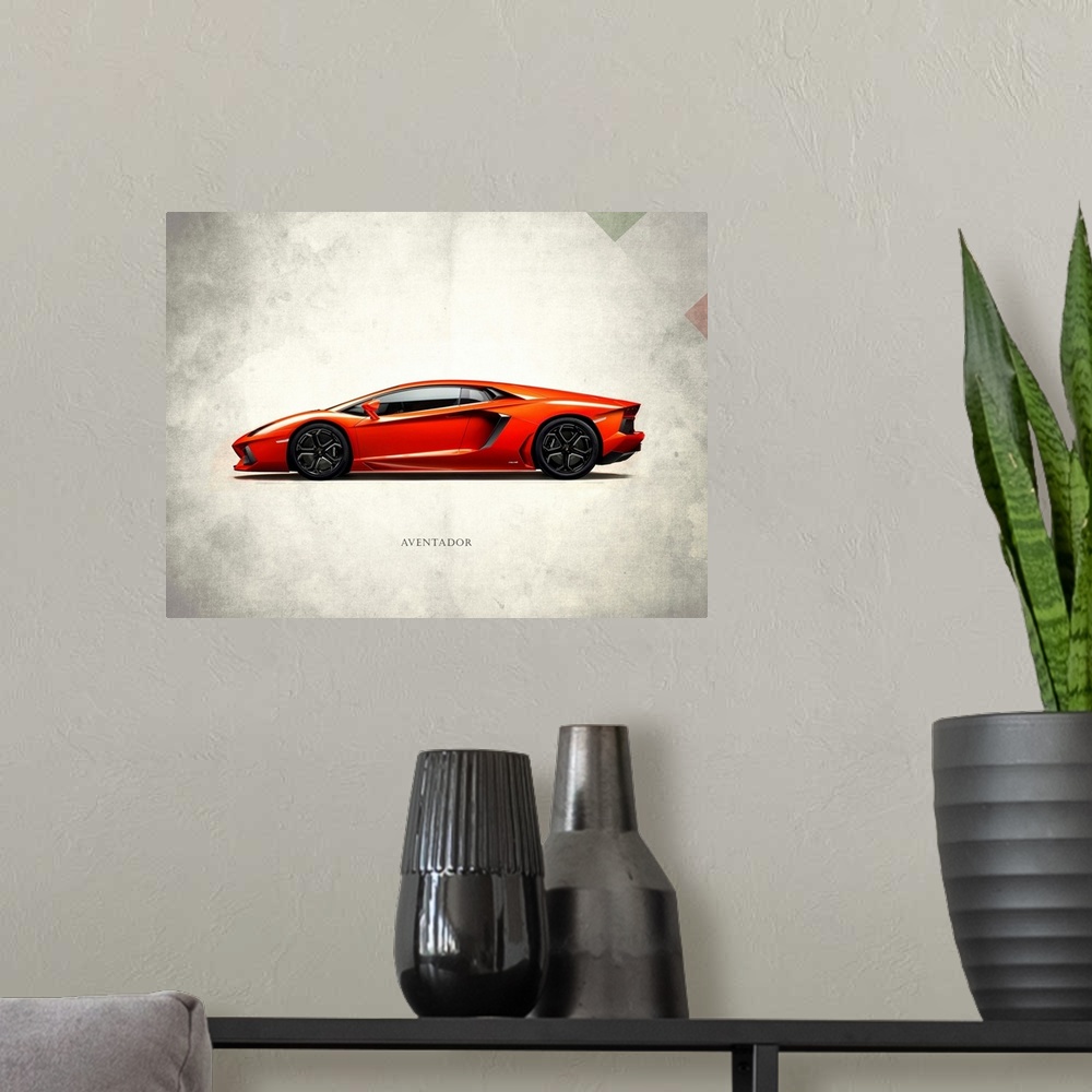 A modern room featuring Photograph of a red Lamborghini Aventador printed on a distressed white and gray background with ...