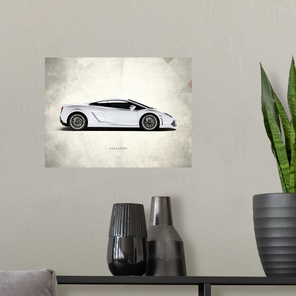 A modern room featuring Photograph of a white Lamborghini Gallardo printed on a distressed white and gray background with...