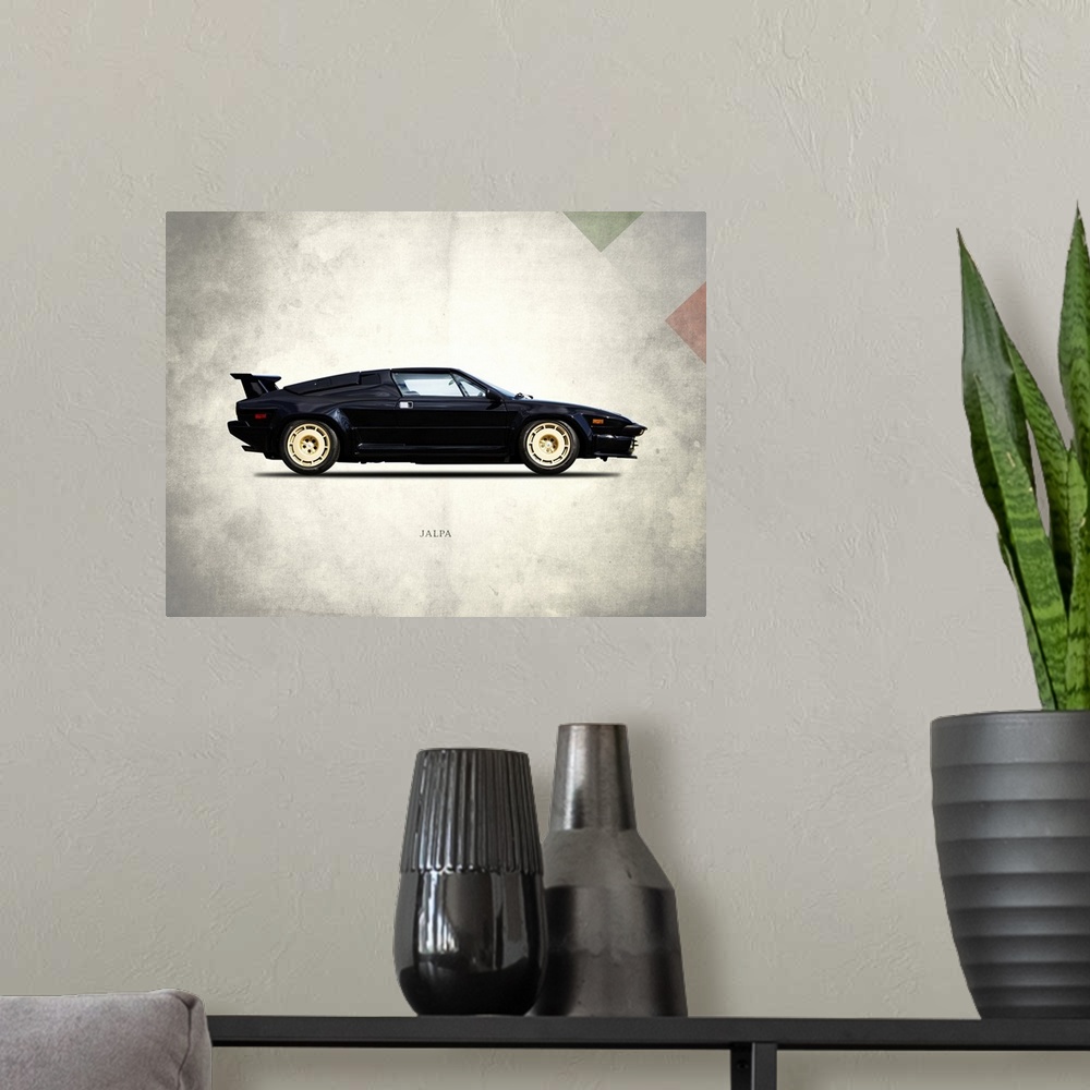 A modern room featuring Photograph of a black Lamborghini Jalpa 1988 printed on a distressed white and gray background wi...