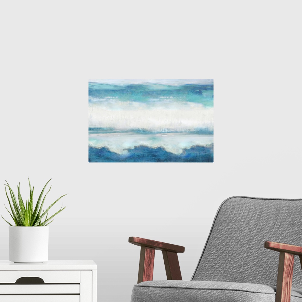 A modern room featuring Large abstract painting created with shades of blue and white.