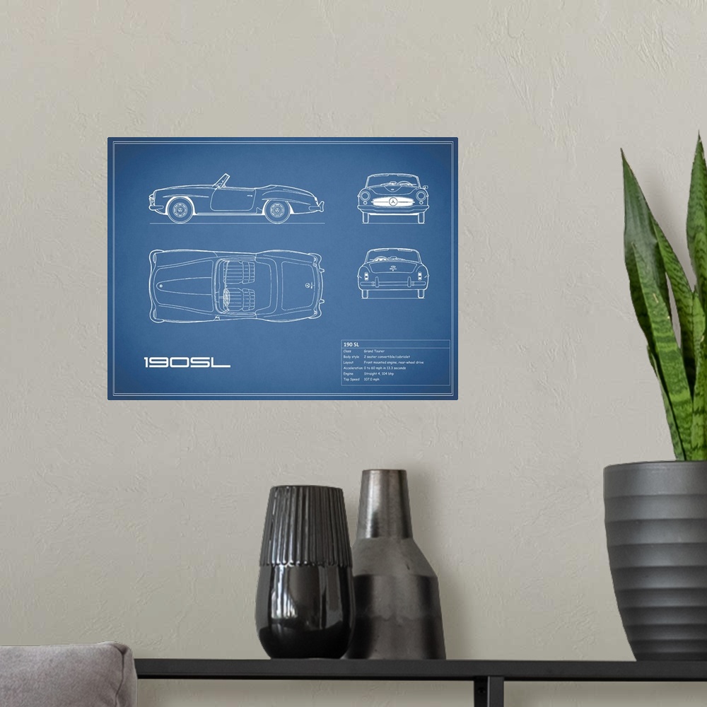 A modern room featuring Antique style blueprint diagram of a Mercedes 190 SL printed on a Blue background