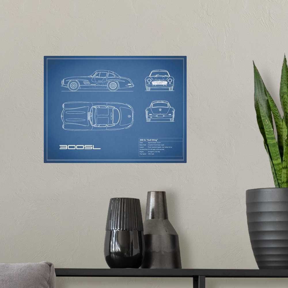 A modern room featuring Antique style blueprint diagram of a Mercedes 300SL Gullwing printed on a Blue background