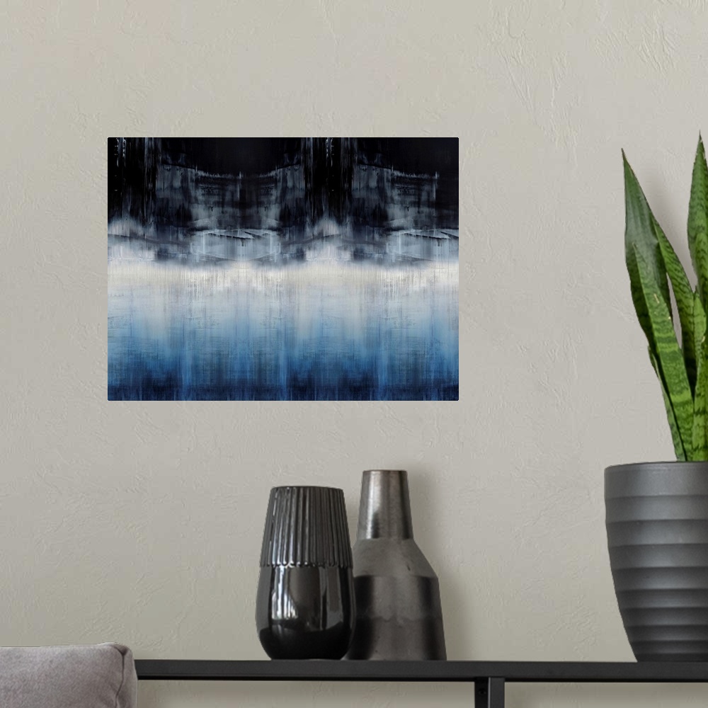 A modern room featuring Contemporary abstract artwork of vertical striations in blue, black and off-white.