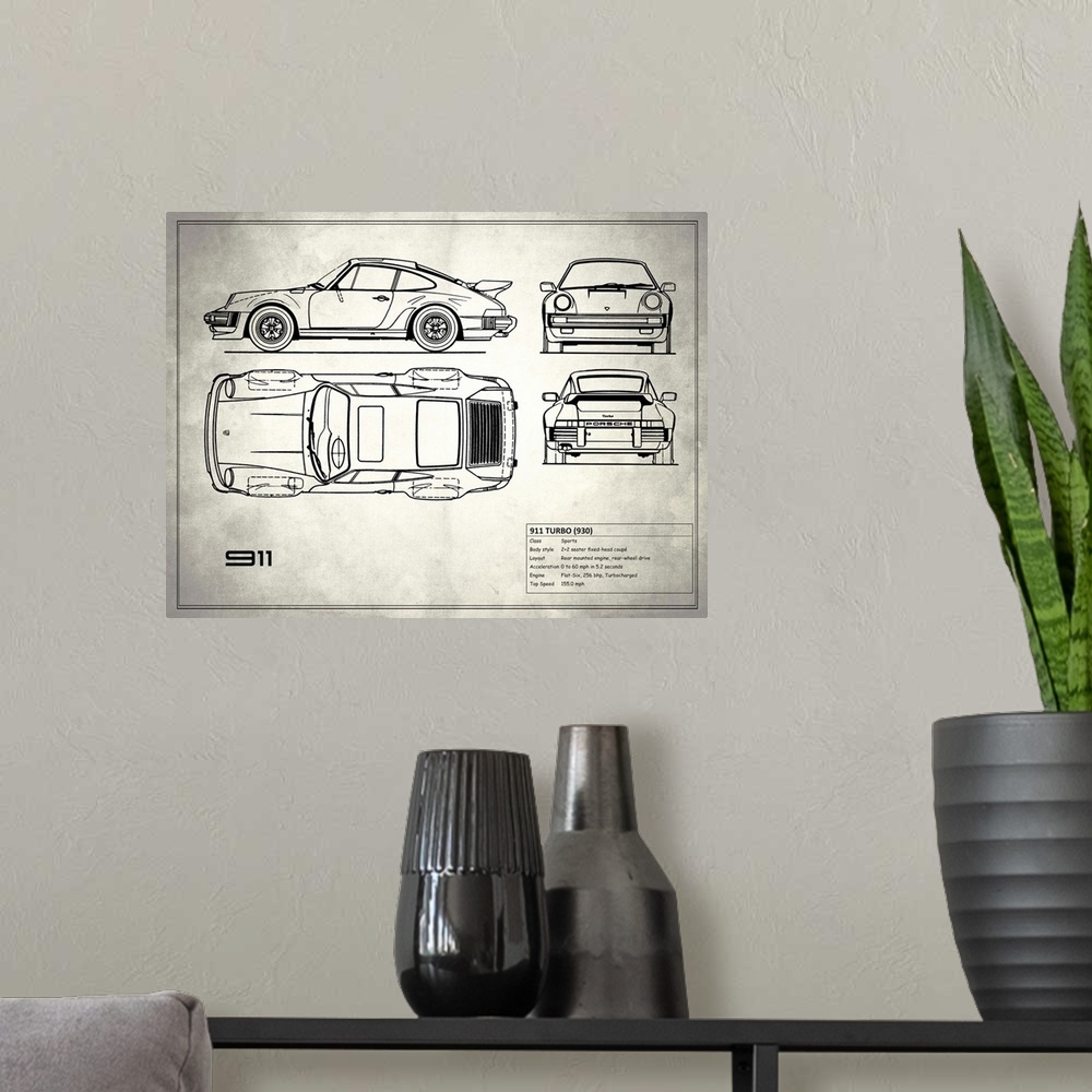 A modern room featuring Antique style blueprint diagram of a Porsche 911 Turbo 1977 printed on a weathered white and gray...