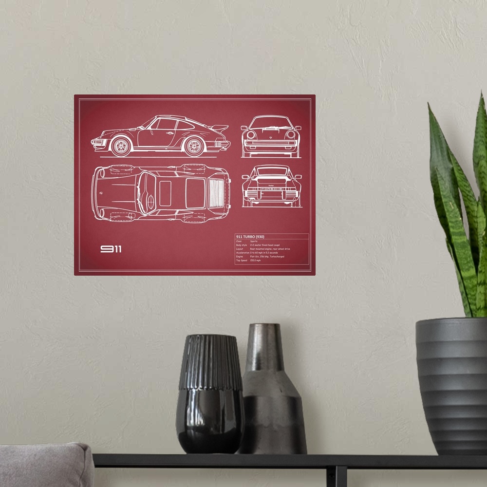A modern room featuring Antique style blueprint diagram of a Porsche 911 Turbo 1977 printed on a red background
