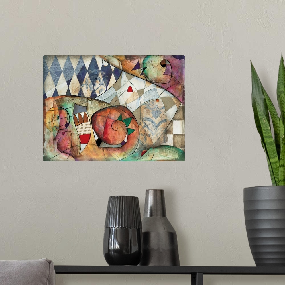A modern room featuring Premiere II by Eric Waugh. A colorful square abstract painting of striking shapes against a check...