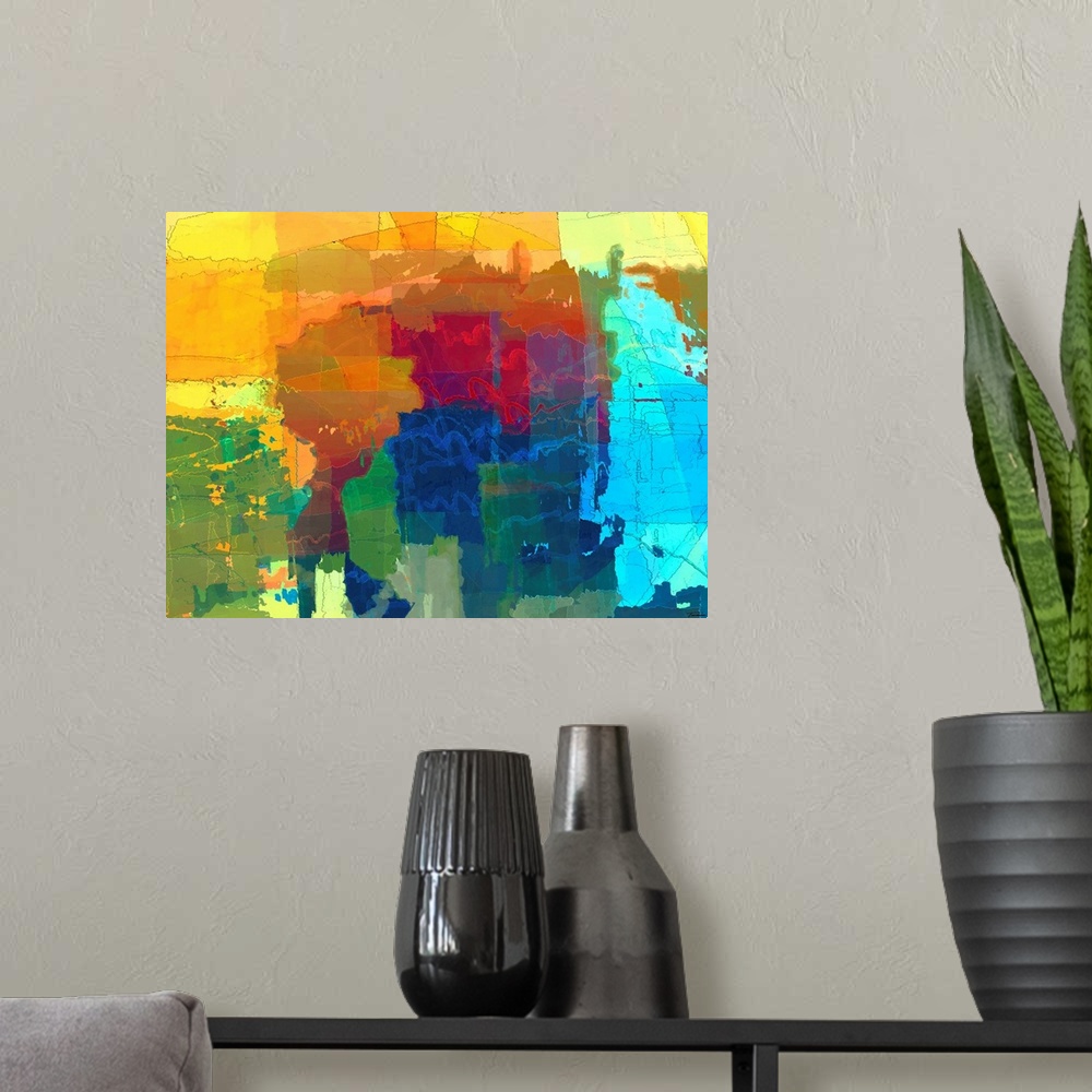 A modern room featuring Vibrant abstract art with translucent hues layered on top of each other in different free formed ...