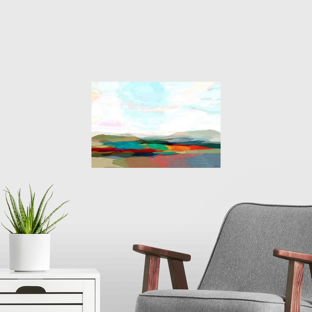 A modern room featuring Abstract landscape made with see-through layers of color.