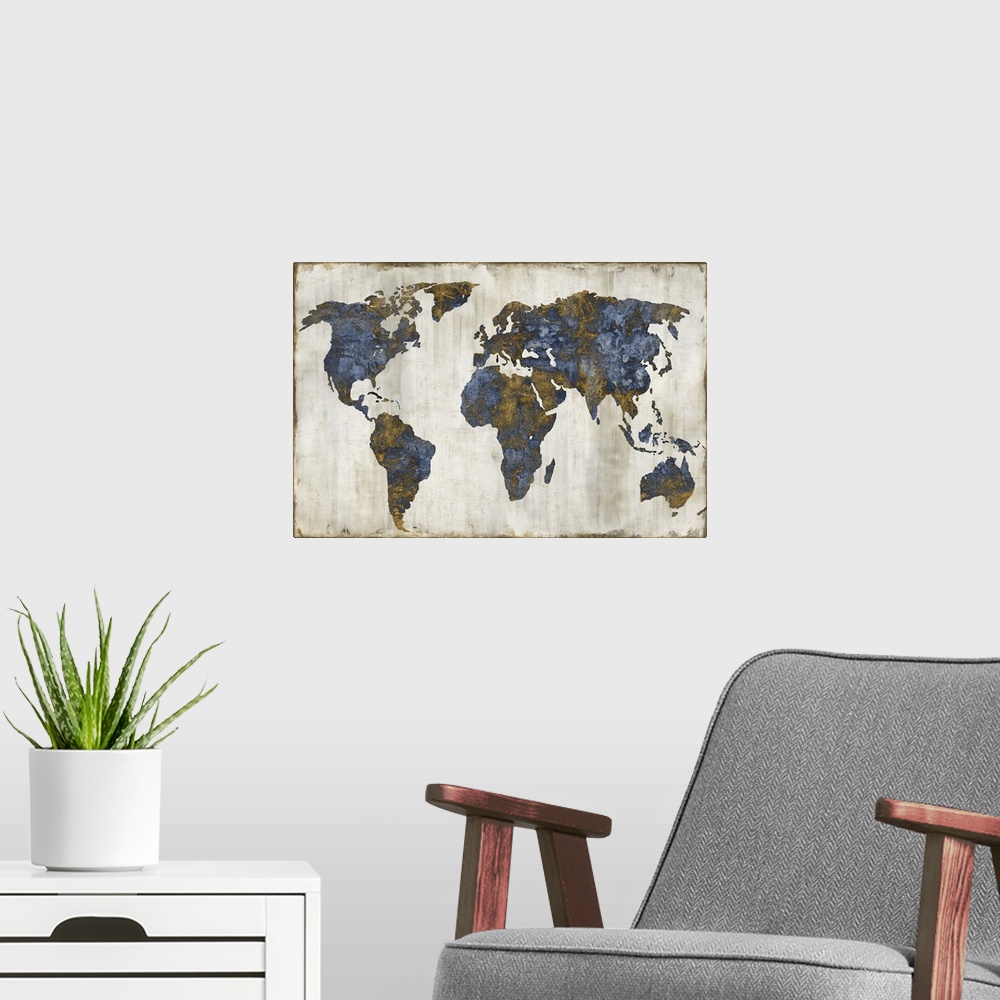 A modern room featuring World map in silver, gold, and white.