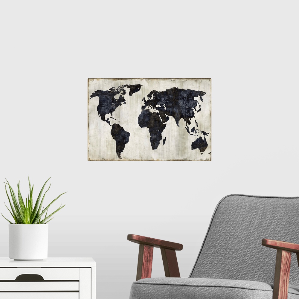 A modern room featuring World map in black, silver, gold, and white.