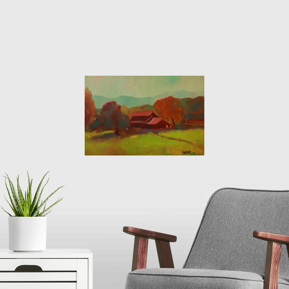 A modern room featuring Contemporary landscape painting with a red barn surrounded by Autumn trees and mountains in the d...