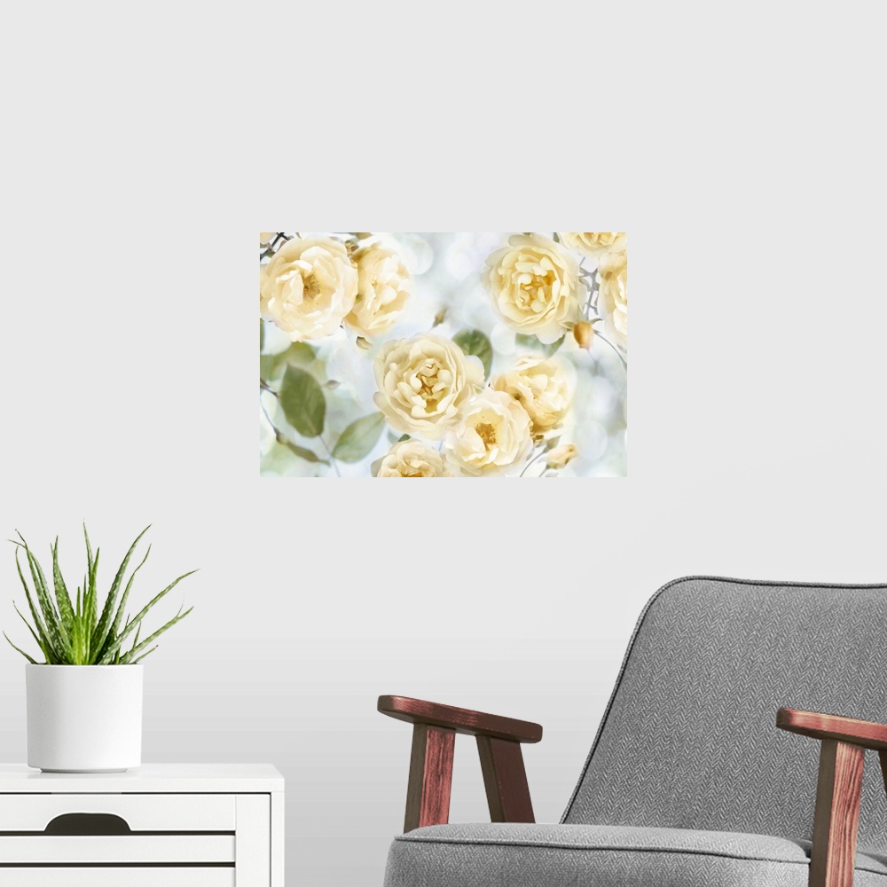 A modern room featuring Decorative artwork featuring soft yellow flowers over a bokeh background.