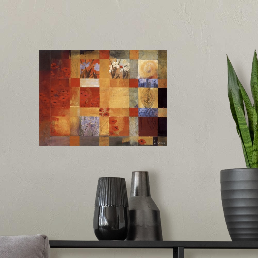 A modern room featuring Painting of multiple images in a square grid of leaves and flowers in different colors and views.