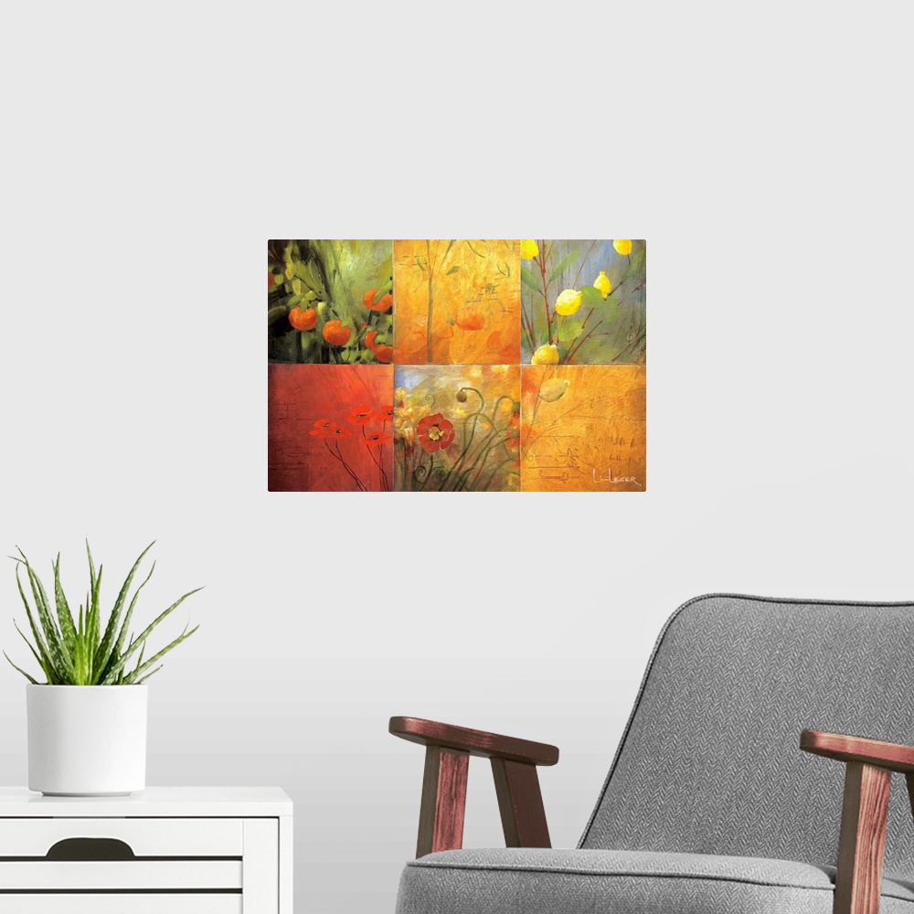 A modern room featuring Artwork of flowers and fruit in a six square grid design.