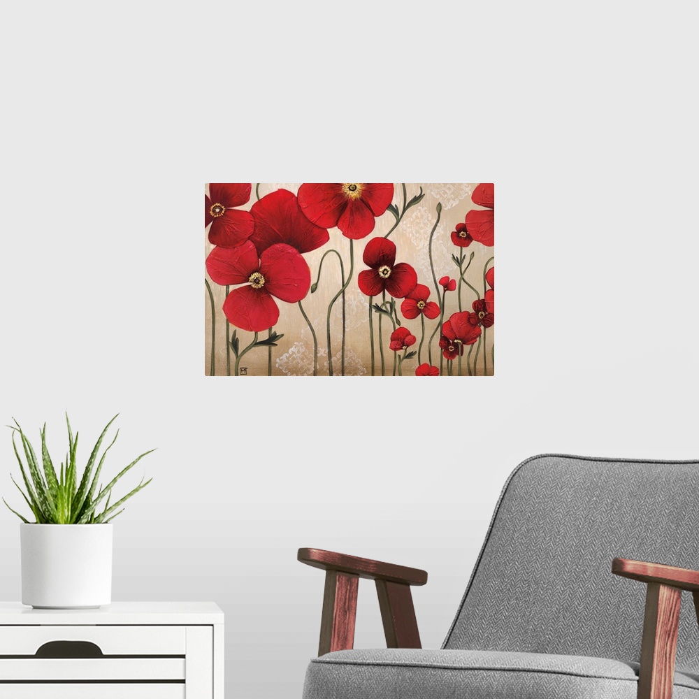 A modern room featuring Contemporary painting of a group of red flowers with textured petals against a neutral backdrop w...