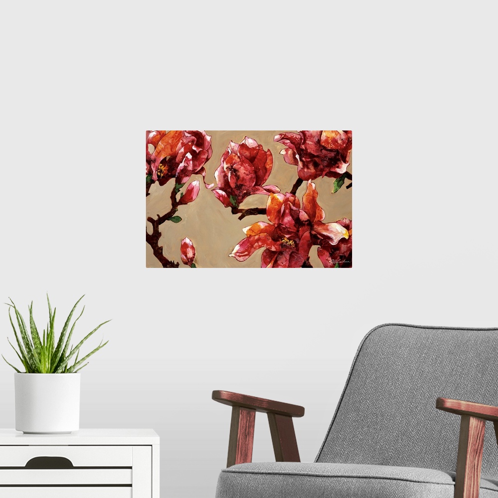 A modern room featuring Contemporary painting of a group of red magnolias against a neutral backdrop.