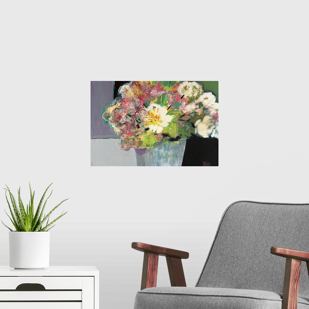 A modern room featuring A modern abstract painting of a bouquet of multi-colored flowers in a gray vase.