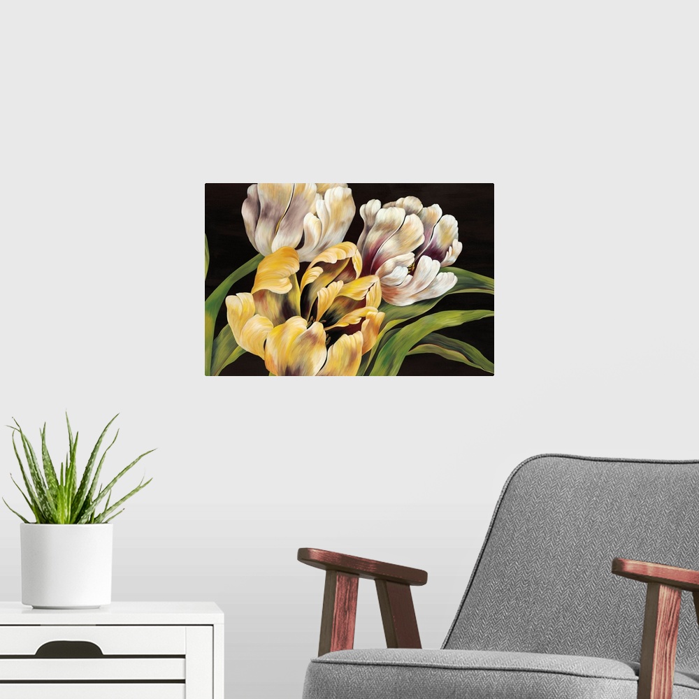 A modern room featuring Contemporary painting of a group of white and yellow tulips against a neutral backdrop.