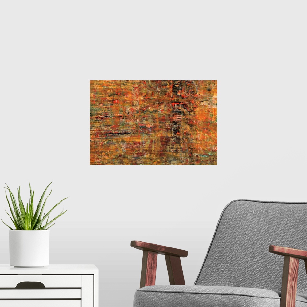 A modern room featuring A abstract painting of texture paint in tones of orange, red, blue and black.